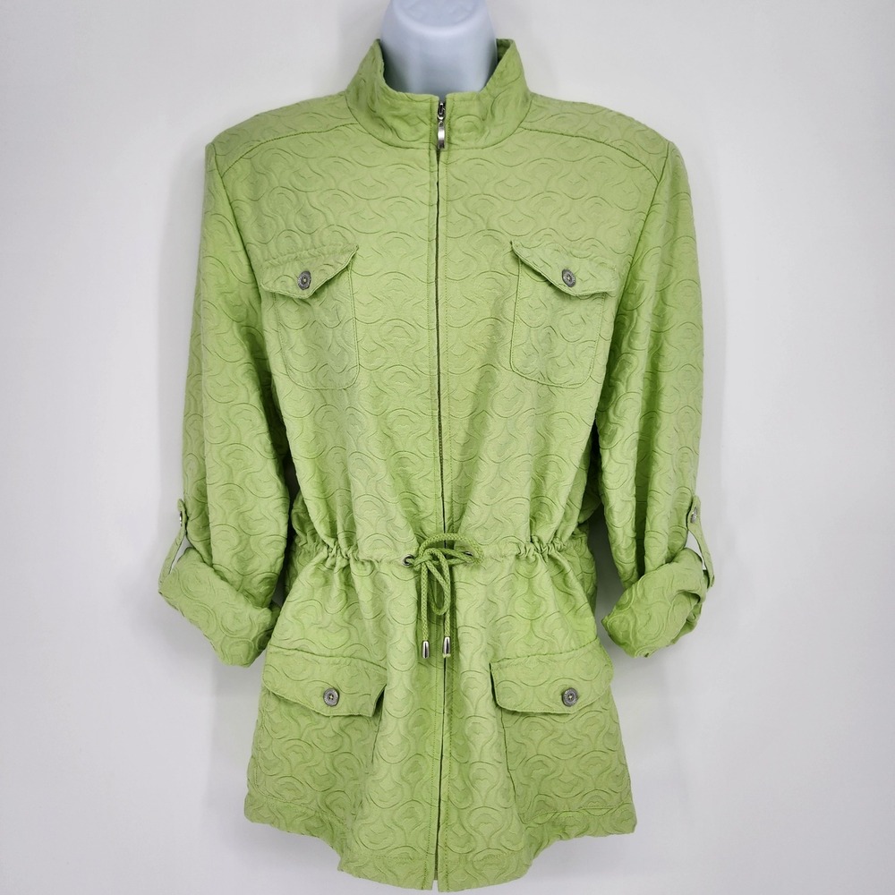 Alfred Dunner Womens Green Zip Up Textured Drawstring Jacket Size 18 Utility